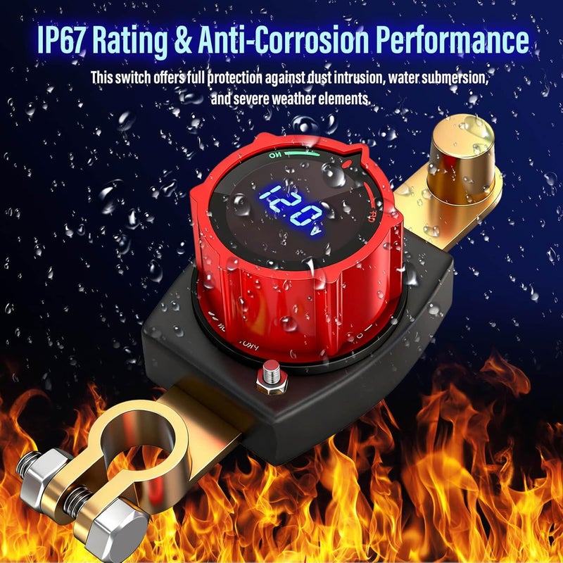 SUNMORN Battery Disconnect Switch, 12V Cut Off IP67 Waterproof Shut Off Switch, for Car, Truck, RV, Boat, Marine, Tractor, SUV, Off-Road, Prevent Battery Drain (Top Post with LED Voltmeter) - Image 2